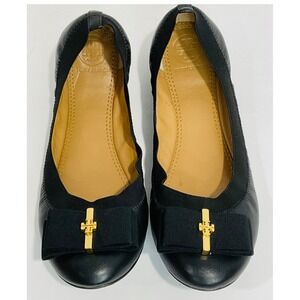 Tory Burch ballet flat slip on shoes travel flexible sole elastic bow gold black